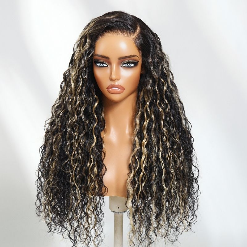 Sunber 13x4 Pre Everything Natural Black with Caramel Blonde Highlights Water Wave Lace Frontal Wig With Invisi Drawstring