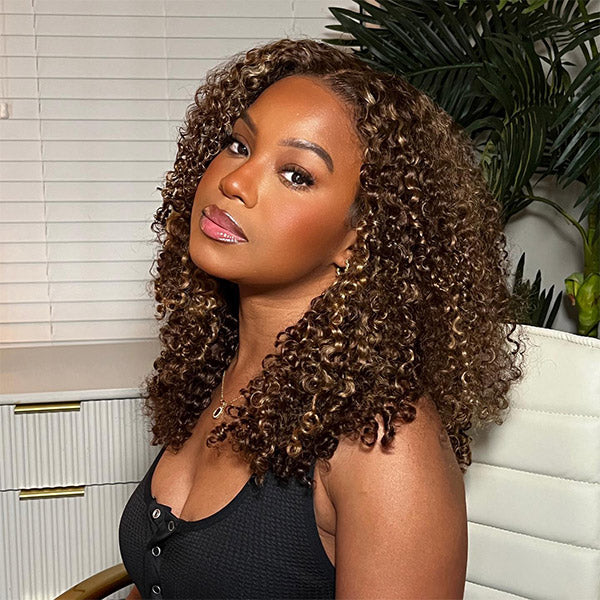 HairHive 4/27 Highlight Color Wear Go Glueless Wigs Pre Cut 7x5 HD Lace Kinky Curly Hair Short Bob Wigs
