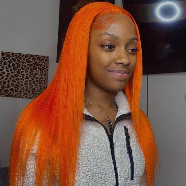 13x4 Lace Closure Wigs Straight Orange Human Virgin Hair Preplucked Lace Front Wigs with Baby Hair