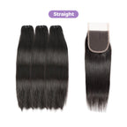 Straight Wavy Curly 3 Bundles With 4x4 Lace Closure Natural Black Virgin Human Hair