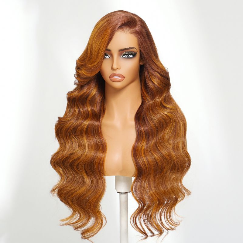 Sunber 13x4 Deep Side Part Ginger Brown Highlight Body Wave Pre Everything Lace Frontal Wig With Invisi Drawstring