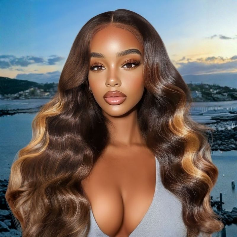 Sunber 7x5 Pre Cut Layered Loose Wave Chocolate Brown with Soft Golden Highlights Bye Bye Knots Lace Wig With Invisi Drawstring Flash Sale