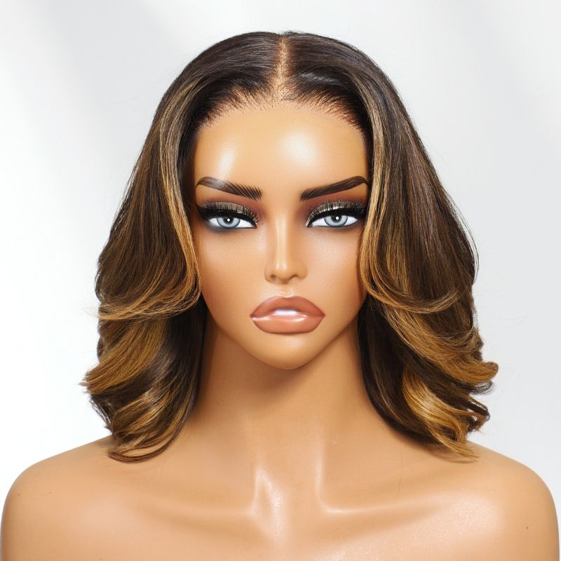 Sunber 1B/30 Balayage Brown Highlight 13x4 Pre Everything Lace Frontal Body Wave Bob Wig With Invisi Drawstring