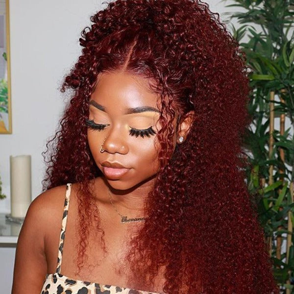 99J Burgundy Color Kinky Curly Human Virgin Hair Undectedable 13x4 4X4 Lace Front Wigs