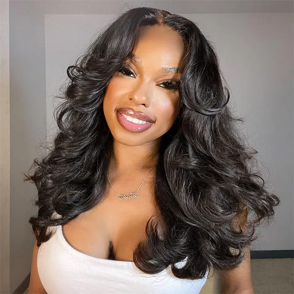 HairHive Body Wave Face-Framing Curtain Bangs Layered Cut Bleached Knots Wear Go Glueless Wig