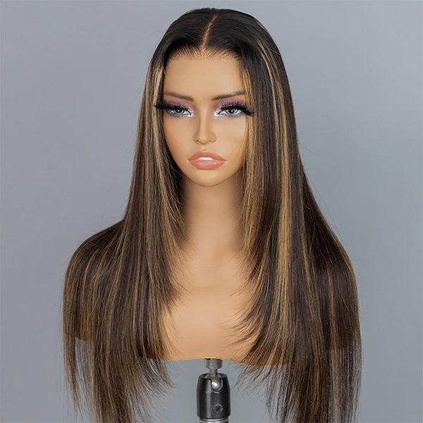 HairHive Layered Cut Straight Brown Highlight Ombre Pre-cut Lace Wear Go Glueless Wig