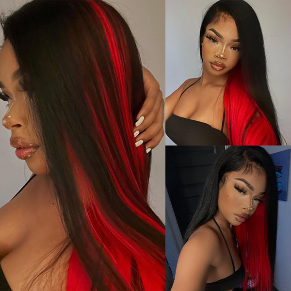 Straight Half Red and Half Black Color Wigs Preplucked Human Hair Lace Front Wigs Natural Hairline