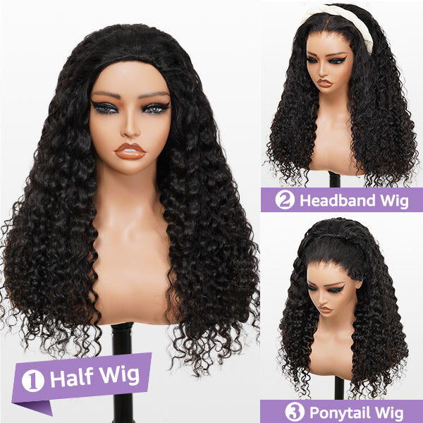 3 In 1 Half Wig | Glueless Invisible Water Wave Wear Go Half Wig Flip Over Human Hair Wig
