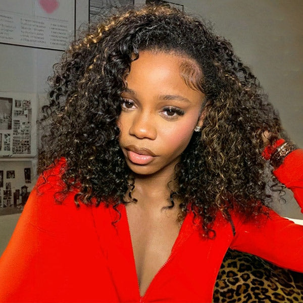 3 In 1 Half Wig | Water Wave Glueless Balayage Highlight Ombre Brown Wear Go Half Wig