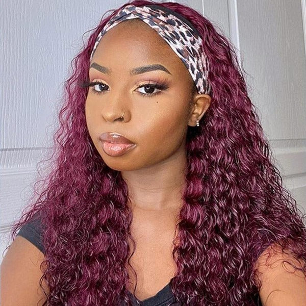 HairHive 99J Curly Headband Wig Human Hair No Gel No Glue Water Wave Wig with Free Headband 180% Density