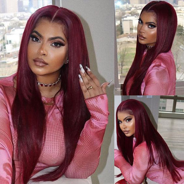 Pre-cut Lace Wig Straight Hair 99J Burgundy Color Wear Go Glueless Wig 7x5 Lace Wig Preplucked with Natural Hairline