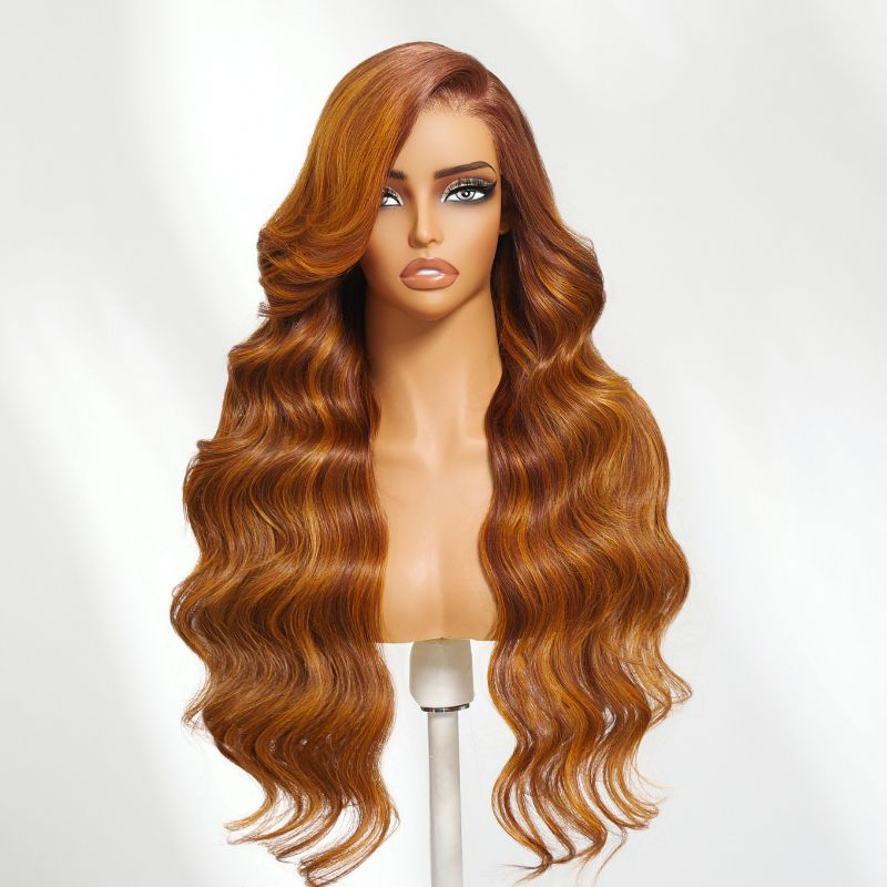 Sunber 13x4 Deep Side Part Ginger Brown Highlight Body Wave Pre Everything Lace Frontal Wig With Invisi Drawstring