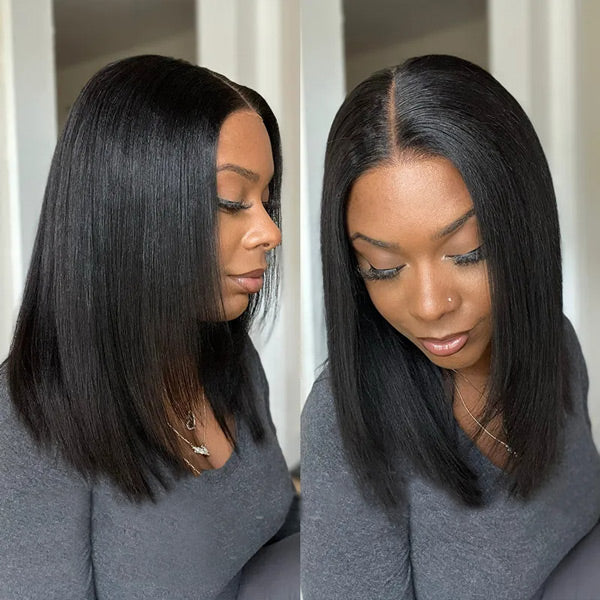 HairHive Glueless Layered Cut Yaki Straight Wear Go Wig Pre-Cut 9x6 T Part Lace Bob Wig With Elastic Drawstring
