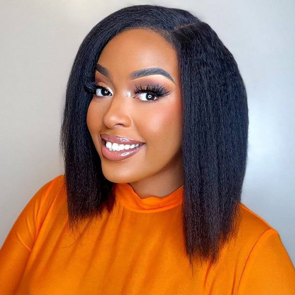 HairHive Wear Go Glueless Wigs Kinky Straight Pre Cut 7x5 HD Lace Front Bob Wigs