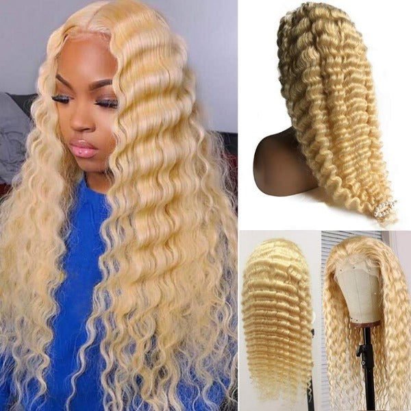 Deep Curly 13x4 Lace Frontal Wigs 613 Blonde Deep Wave Pre-plucked Human Hair Lace Front Wigs