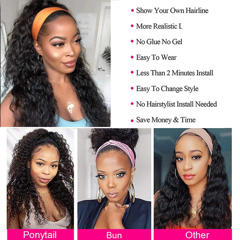 HairHive Curly Wave Headband Wig Human Hair Brazilian Deep Wave Machine Made Wigs With Head Band No Glue Scarf Wig