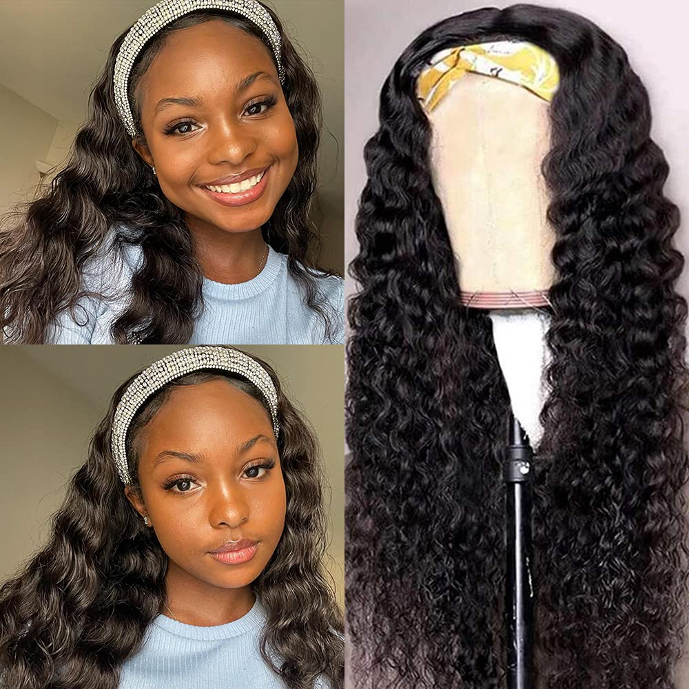 HairHive Curly Wave Headband Wig Human Hair Brazilian Deep Wave Machine Made Wigs With Head Band No Glue Scarf Wig