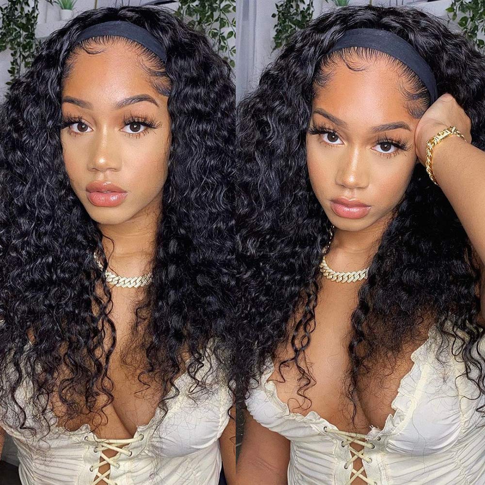 HairHive Curly Wave Headband Wig Human Hair Brazilian Deep Wave Machine Made Wigs With Head Band No Glue Scarf Wig