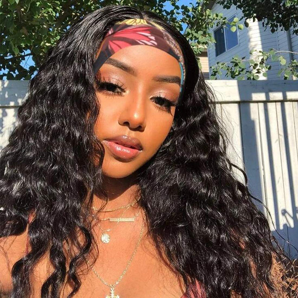 HairHive Curly Wave Headband Wig Human Hair Brazilian Deep Wave Machine Made Wigs With Head Band No Glue Scarf Wig