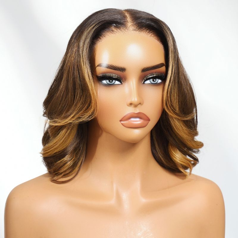 Sunber 1B/30 Balayage Brown Highlight 13x4 Pre Everything Lace Frontal Body Wave Bob Wig With Invisi Drawstring