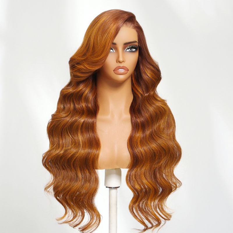 Sunber 13x4 Deep Side Part Ginger Brown Highlight Body Wave Pre Everything Lace Frontal Wig With Invisi Drawstring