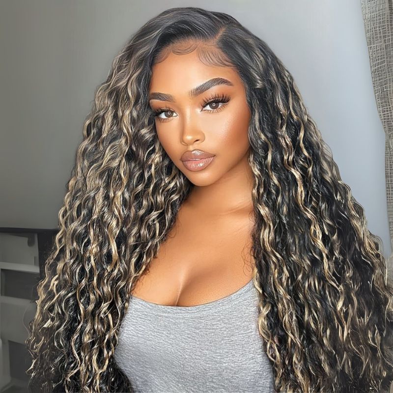 Sunber 13x4 Pre Everything Natural Black with Caramel Blonde Highlights Water Wave Lace Frontal Wig With Invisi Drawstring
