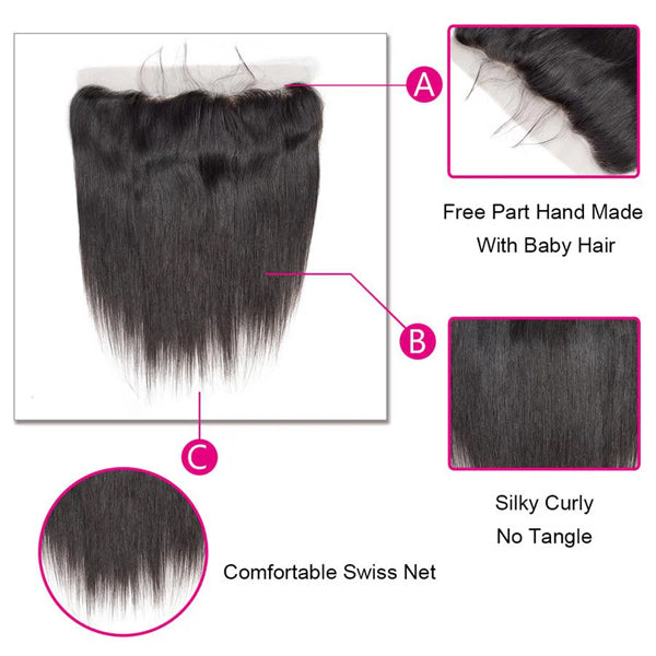 Straight Human Hair 3 Bundles with 13*4 Lace Frontal Natural Black