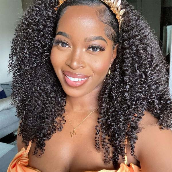 HairHive Kinky Curly Headband Wig Human Hair Scarf Wig No Gel No Glue Jerry Curl Hair Wig With Headband
