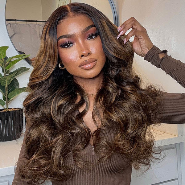 HairHive Highlight Balayage Color Body Wave Glueless Wig Pre-cut 9x6 T Part Lace Wear Go Wig With Smart Clips