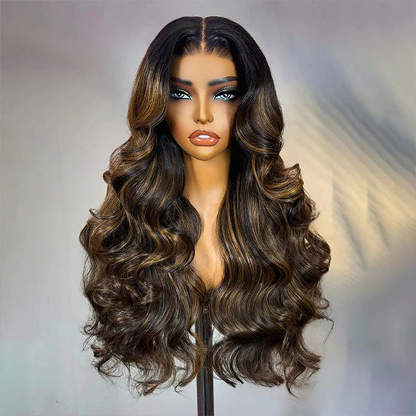 HairHive Highlight Balayage Color Body Wave Glueless Wig Pre-cut 9x6 T Part Lace Wear Go Wig With Smart Clips