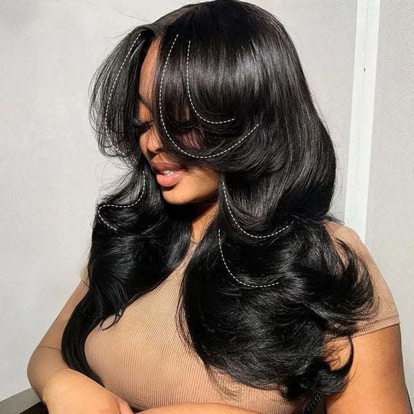 HairHive M-Cap Layered Cut Bleached Mini Knots 9x6 Lace Body Wave Wear Go Glueless Wig With Curtain Bangs
