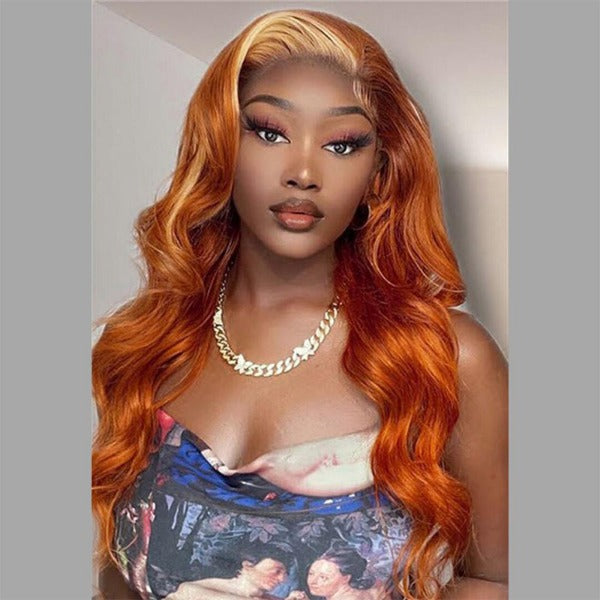 Ginger Orange With Blonde Streaks Color Body Wave Human Hair 13x4 Lace Front Wig