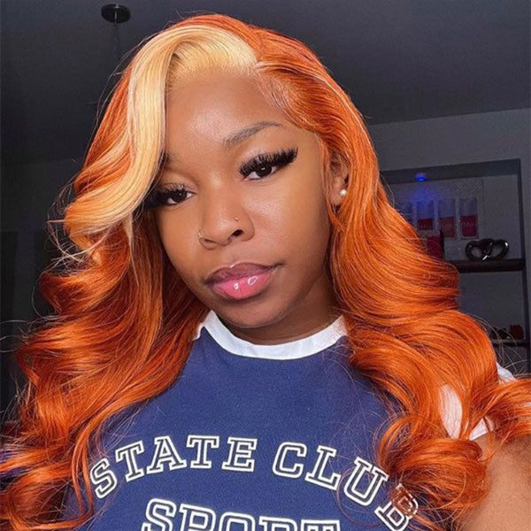 Ginger Orange With Blonde Streaks Color Body Wave Human Hair 13x4 Lace Front Wig