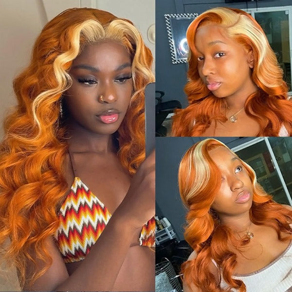 Ginger Orange With Blonde Streaks Color Body Wave Human Hair 13x4 Lace Front Wig