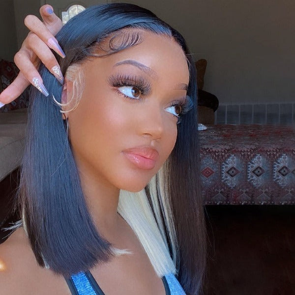 Two Tones Short Bob 13x4 Lace Front Wigs Thick Underneath Colored Hair Natural Black