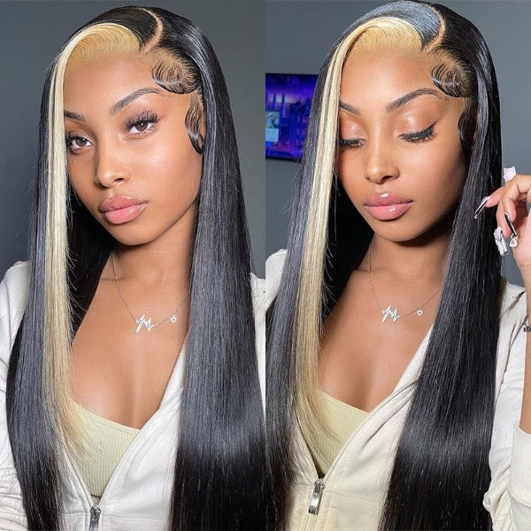 Blonde and Black Skunk Stripe Color Wig Straight Full Human Hair 13x4 Lace Front Wig