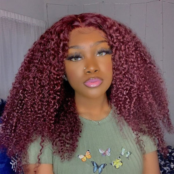 99J Burgundy Color Kinky Curly Human Virgin Hair Undectedable 13x4 4X4 Lace Front Wigs
