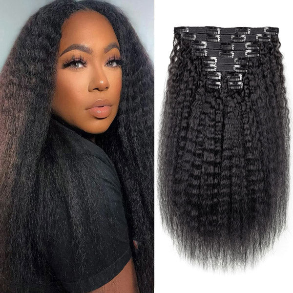 HairHive Kinky Straight Clip In Extension Human Hair Natural Black Color