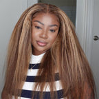HairHive Kinky Straight Highlight Brown Color Wear Go Glueless Wigs 7x5 Lace Pre-Cut Lace Preplucked Human Hair Wigs