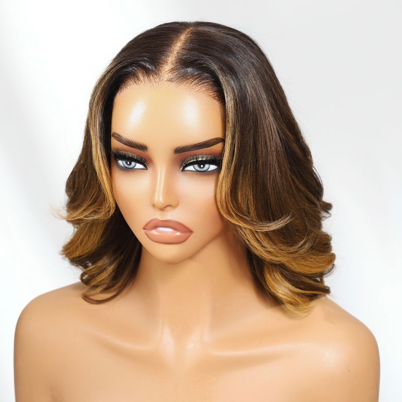 Sunber 1B/30 Balayage Brown Highlight 13x4 Pre Everything Lace Frontal Body Wave Bob Wig With Invisi Drawstring