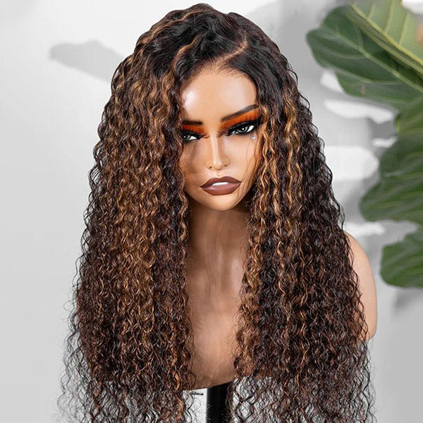 HairHive Balayage Highlight Ombre Brown Water Wave Wear Go Glueless Wig With Natural Hairline