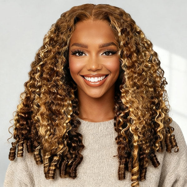 HairHive Burmese Curly Glueless Wig 4/27 Highlight Color Pre Cut 9x6 Lace Elastic Drawstring Wear Go Wig