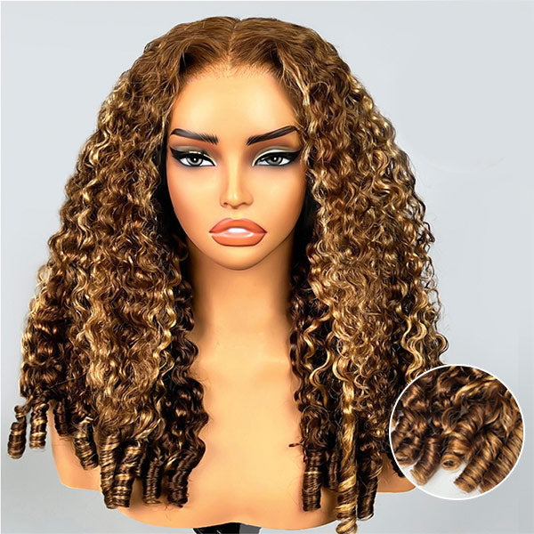 HairHive Burmese Curly Glueless Wig 4/27 Highlight Color Pre Cut 9x6 Lace Elastic Drawstring Wear Go Wig