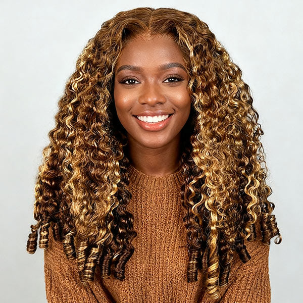 HairHive Burmese Curly Glueless Wig 4/27 Highlight Color Pre Cut 9x6 Lace Elastic Drawstring Wear Go Wig