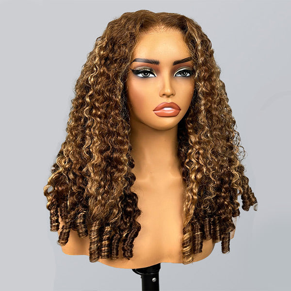 HairHive Burmese Curly Glueless Wig 4/27 Highlight Color Pre Cut 9x6 Lace Elastic Drawstring Wear Go Wig