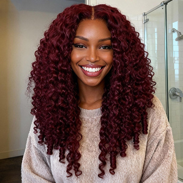 HairHive Burgundy 99J Color Burmese Curly Glueless Wig Pre Cut 9x6 Lace Snug Fit Drawstring Wear Go Wig