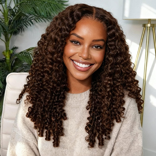 HairHive Burmese Curly Glueless Wig Chocolate Brown Color Pre Cut 9x6 Lace Wear Go Wig With Elastic Drawstring