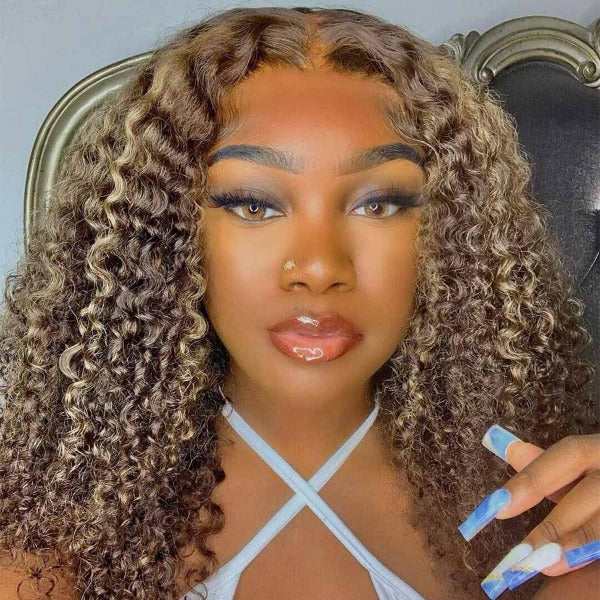 Balayage Highlights 13x4 Lace Front Wigs Ombre Highlight Curly Honey Blonde Colored Human Hair Wigs