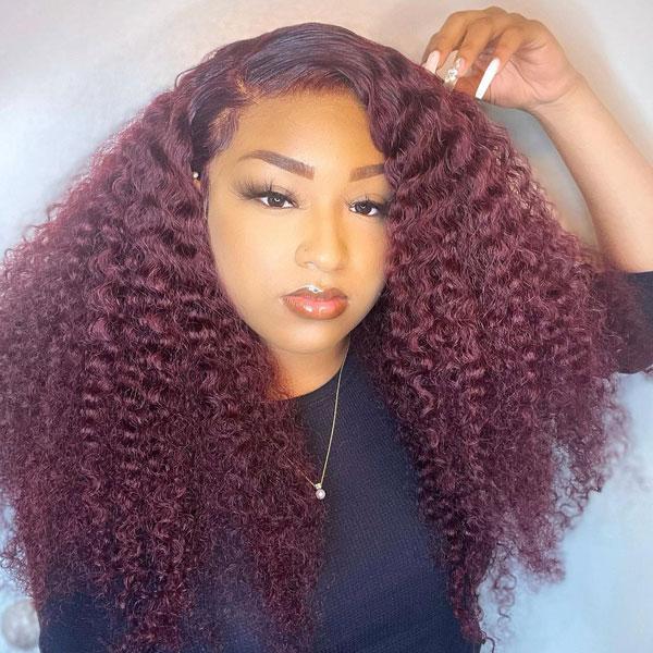 99J Burgundy Color Kinky Curly Human Virgin Hair Undectedable 13x4 4X4 Lace Front Wigs