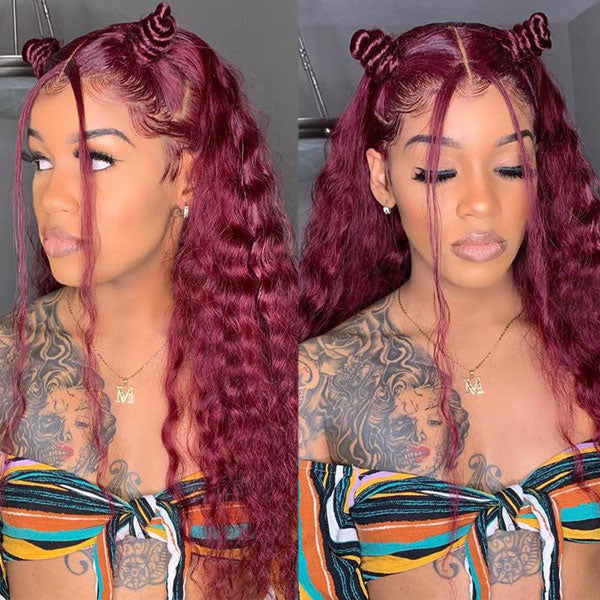 Burgundy 99J Color Deep Wave Lace Frontal and Closure Wig Pre Plucked Human Hair Wig On Sale